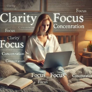 DALL·E 2024-08-30 12.05.57 - An image of a woman working in bed with the words 'Clarity,' 'Focus,' and 'Concentration' integrated into the scene. The woman is sitting up in bed, l